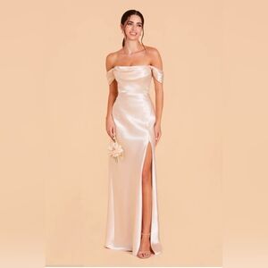 Mia Convertible Off The Shoulder Dress In Champagne Shiny Satin